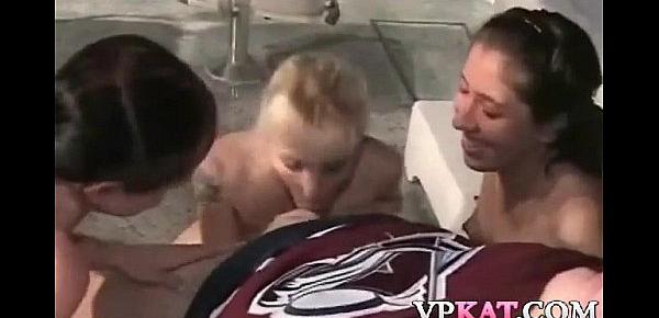  Three girls decided to give a triple blowjob to a guy